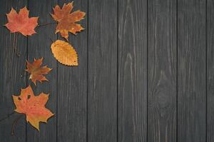 Background texture with old wooden table and yellow autumnal leaves. Autumn maple leaves on wooden background with copy space. Top view. photo