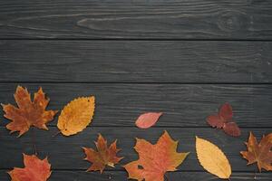 Background texture with old wooden table and yellow autumnal leaves. Autumn maple leaves on wooden background with copy space. Top view. photo