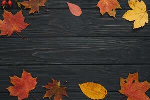 Background texture with old wooden table and yellow autumnal leaves. Autumn maple leaves on wooden background with copy space. Top view. photo