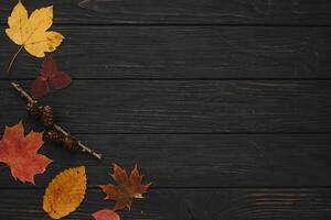 Background texture with old wooden table and yellow autumnal leaves. Autumn maple leaves on wooden background with copy space. Top view. photo