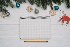 Christmas fir tree with decoration and glitters on wooden background. Christmas background on the white wooden desk. photo