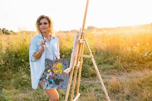 Talented artist in outdoors is mixing paint for her new project while holding brushes photo