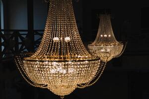 Elegant luxury chandelier in a luxury restaurant. Chrystal chandelier photo