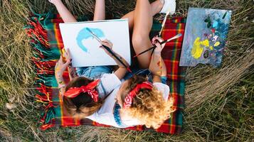 Young mother and her daughter have fun, mother's Day. smiling mother with beautiful daughter draws nature. photo