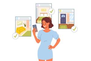 mujer corredor de bienes raíces publicaciones anuncios para rebaja de apartamentos en Internet, usos móvil teléfono vector