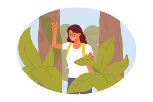 Woman went on forest hike or expedition, walks among trees and enjoys wild nature vector