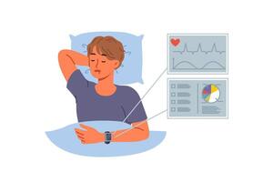 inteligente pulsera en mano de dormido hombre monitores latido del corazón y dormir calidad indicadores vector