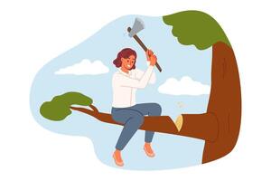 Foolish business woman cuts branch she is sitting, risks falling and failing due to mistake. vector