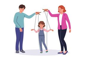 Bad parents manipulate child using strings of puppeteers to raise unhappy daughter vector