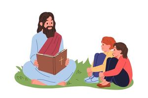 Jesus reads bible to children sitting on lawn, explaining to kids commandments from christian vector