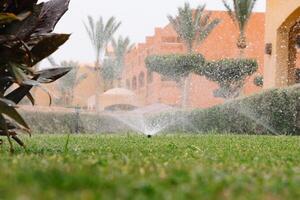 moderno dispositivo de irrigación jardín. irrigación sistema - técnica de riego en el jardín. césped aspersor pulverización agua terminado verde césped. foto