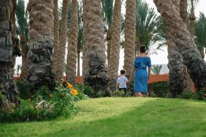 Stylish mother and handsome son having fun on a green lawn. Happy family concept. Beauty nature scene with family outdoor lifestyle. Happy family resting together. Mothers day photo