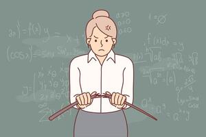 Angry woman teacher from high school breaks wooden pointer, standing near blackboard with formulas vector