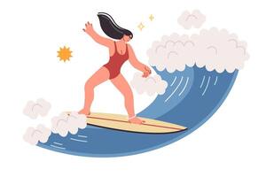 Woman doing surfing on sea waves, enjoying extreme sport during summer vacation on island vector