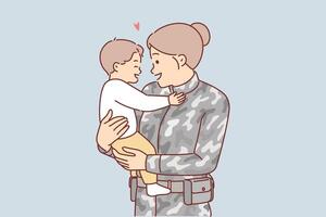 Woman soldier holds little son, who is rejoicing when mother returns home after military service vector