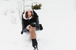 mujer es caminando durante invierno con su perro foto