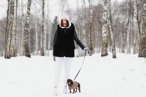 Woman is walking during winter with her dog photo