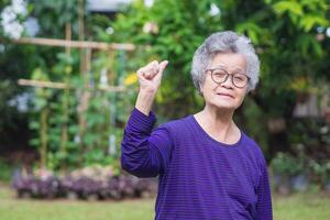 Senior woman with short gray hair, wearing glasses, smiling, looking at the camera, and show thumbs up while standing in a garden. Space for text. Concept of aged people and healthcare photo