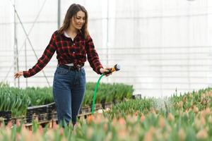 happy florist watering flowers in greenhouse. photo