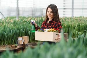 Beautiful young smiling girl, worker with flowers in greenhouse. Concept work in the greenhouse, flowers. photo