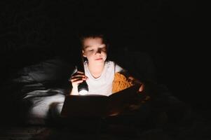 Portrait of cute little boy reading in bed with flashlight in dark room, enjoying fairytales. photo