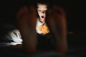 Reading book and using flashlight. Young boy in casual clothes lying down near tent at evening time photo