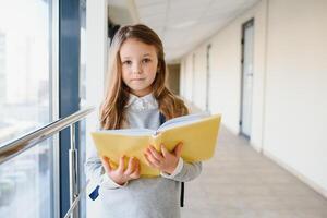 Front view of pretty blonde school girl holding many colorful notes and books. Clever teen girl smiling at camera, standing on corridor of international school. photo