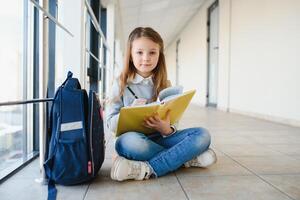 Front view of pretty blonde school girl holding many colorful notes and books. Clever teen girl smiling at camera, standing on corridor of international school photo