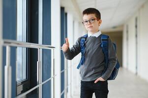 colegial con bolsa para la escuela y libros en el escuela. educación concepto. espalda a escuela. colegial yendo a clase. elegante chico con mochila. chico Listo a estudiar foto