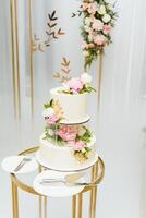 Elegant wedding cake with flowers and succulents. photo