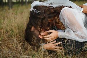 The bride and groom go through the forest hand in hand. Happy bride and groom holding hands and walking in forest on wedding day photo