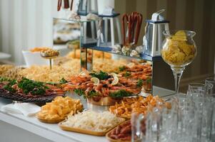 various dessert with fresh fruit on buffet line, sweet. photo