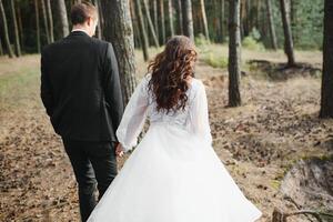 The bride and groom go through the forest hand in hand. Happy bride and groom holding hands and walking in forest on wedding day photo