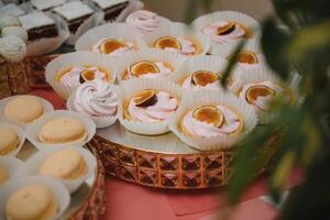 varios postre con Fresco Fruta en buffet línea, dulce. foto