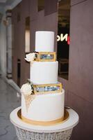 Elegant wedding cake with flowers and succulents. photo