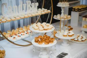 various dessert with fresh fruit on buffet line, sweet. photo