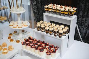 various dessert with fresh fruit on buffet line, sweet. photo