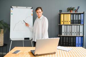 Confident woman conducts webinar, business training online. Online coach stands near flip chart in front of laptop and explains something to online audience photo