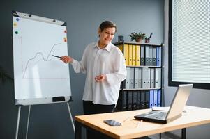 Confident female teacher conduct an online lesson or training. Smart woman in eyeglasses writing new theme on marker board, explain some information, remote education photo