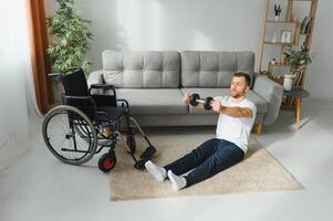 Disabled man recovering from injury at home photo