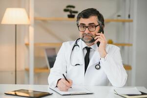 medical doctor man over hospital background photo