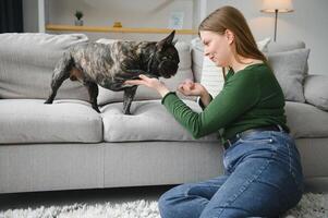 joven mujer con su perro a hogar. encantador mascota foto