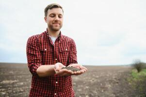 Farmer's hands hold a handful of fertile soil. The concept of agriculture, agribusiness. The gardener holds humus, fertilized soil, compost soil in his palms. Agriculture and fertility. photo