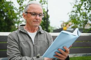 Portrait of senior man reading on bench during summer day. photo