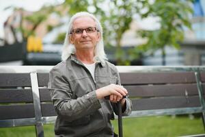 Old gray-haired man rest on the bench in summer park photo