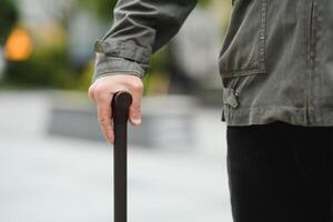 Portrait of senior man holding walking stick while resting in park. photo