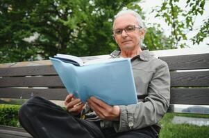 Portrait of senior man reading on bench during summer day. photo