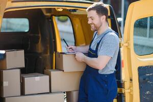 delivery service employee. Portrait of man working in delivery service photo