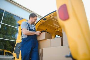 delivery service employee. Portrait of man working in delivery service photo