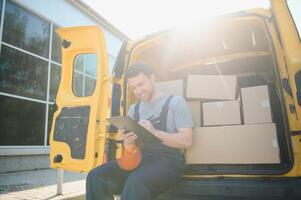 delivery service employee. Portrait of man working in delivery service photo